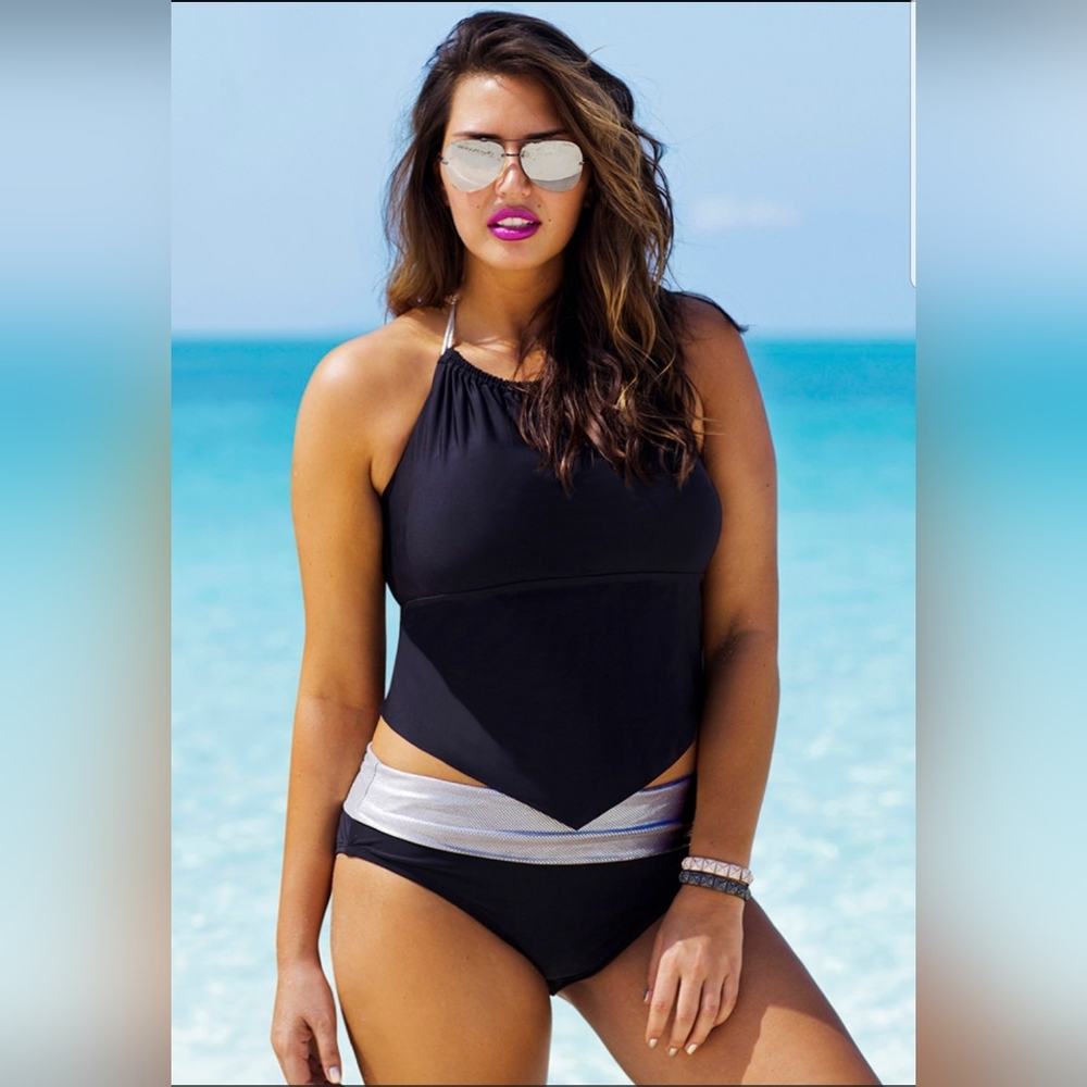 Swimsuits for All Swim Sexy Silver and Black Handkerchief Tankini Set